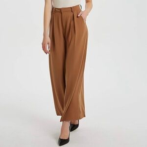 Women’s High Waist Wide Leg Trouser Pants, Tan, Size XL